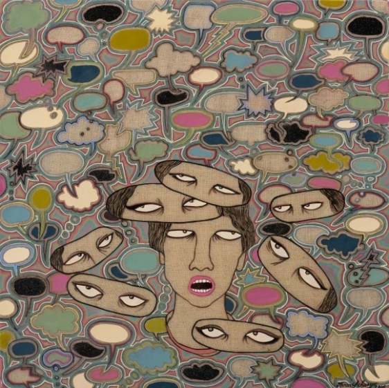 Dhruvi Acharya Words, Words, Words 2016 Collage, pastel and synthetic paint on unprimed linen 18 x 18 in.