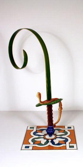 Adeela Suleman KAR WA FARR SERIES 6 2014 Hand-painted steel sword, iron and metal tile with enamel paint 20 x 12 x 9 in.