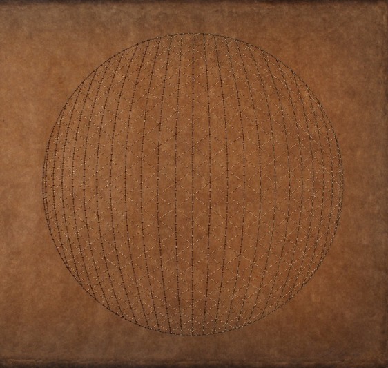 Anila Quayyum Agha Catching The Light - Green 2016 Mixed media on paper (Red, gold and black metallic thread and red and gold beads on brown Korean hand-made paper) 24 x 25 in.