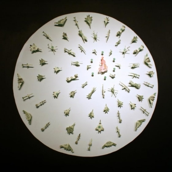 Abdullah M. I. Syed ASSEMBLY III: BLITZKRIEG 2013 Hand-cut uncirculated U.S $1 bills, 100 Pakistani Rupee and pins 42 in. (diameter)