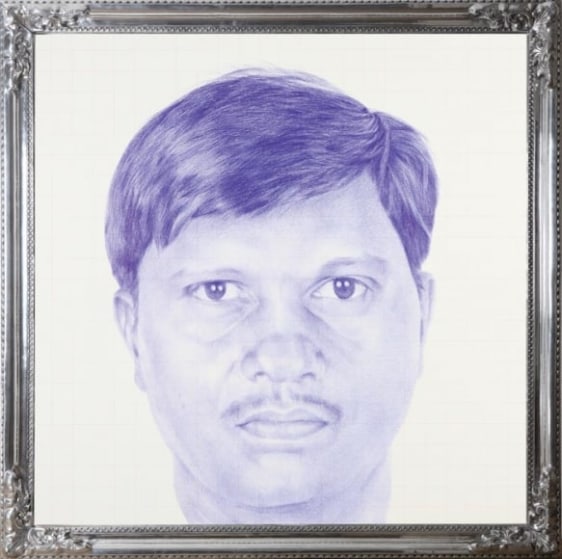 MUMBAIKAR 2008 Ballpoint pen, drawing on silk canvas, cine-screen and aluminum 80 x 80 in.