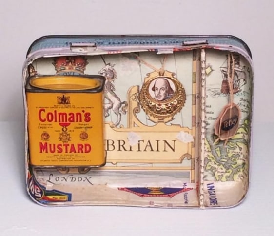 Himanshu Suri &amp; Chiraag Bhakta UNTITLED (TIN SERIES 2) 2010-15 Antique Indian tins and mixed media 5 x 6.5 in.