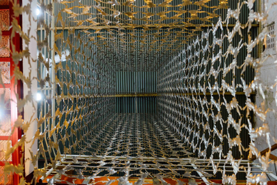 Adeela Suleman  Untitled 1, 2021 (Detail)  Stainless steel with hand-beaten repousse work  42 x 42 x 246 in