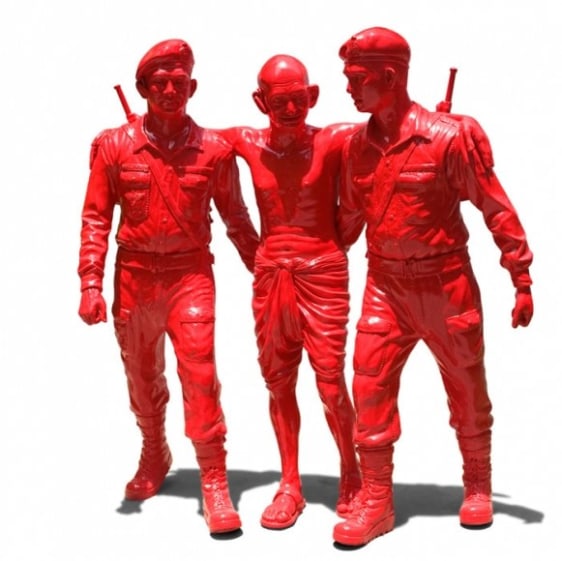 Debanjan Roy INDIA SHINGING 8 (GANDHI SUPPORTED BY TWO) 2009 Fiberglass with acrylic paint Ed. 1/5 24 x 56 x 66 in.