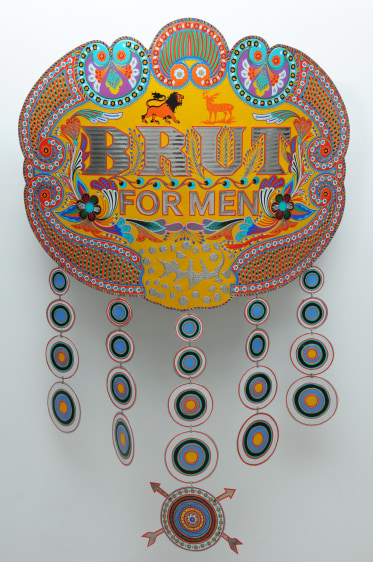 Abdullah M. I. Syed Brut for Men: Target (English Version) Hand-beaten and chamak patti (hand stickered ornamentation) metal medallion, wood and stainless steel 59 x 46 in. 2013