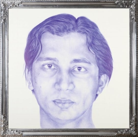 BOMBAYITE 2008 Ballpoint pen, drawing on silk canvas, cine-screen and aluminum 80 x 80 in.