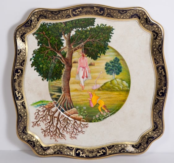 Adeela Suleman AND THEN IT ALL HAPPENED SERIES (PLATE 8) 2014 Found porcelain plate with enamel paint 10.5 x 10.5 in.
