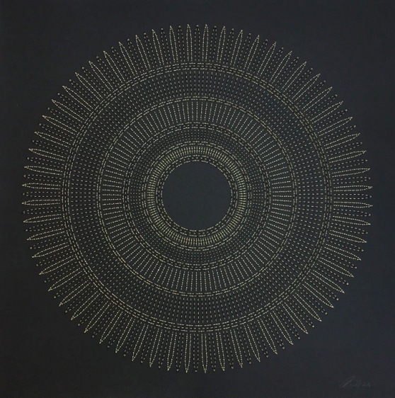 Anila Quayyum Agha Circle the Kaaba (Tan) 2016 Mixed media on paper (Black and copper beads and embroidery on black paper) 29 x 29 in.