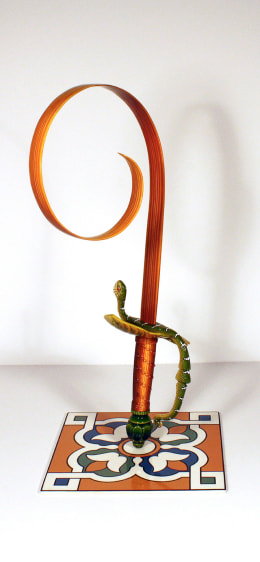 Adeela Suleman KAR WA FARR SERIES 4 2014 Hand-painted steel sword, iron and metal tile with enamel paint 19.5 x 12 x 9 in.