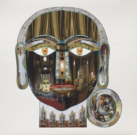 Rekha Rodwittiya Matters Of The Heart (Head III) 2013 Digital inkjet print with autobiographic photo images and hand-painted watercolor on paper 60 x 60 in.