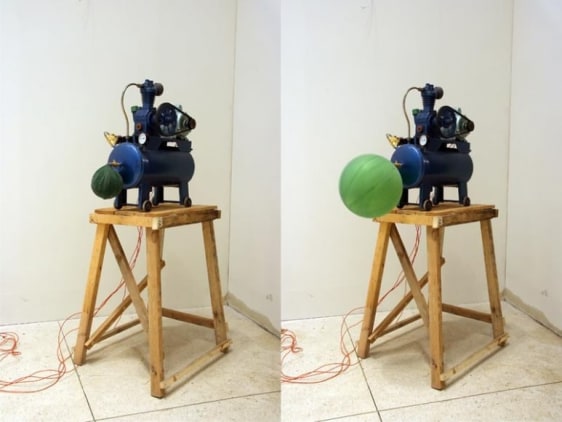 Ehsan ul Haq EBU 2008 Air compressor and balloon 65.5 x 30 x 36 in.