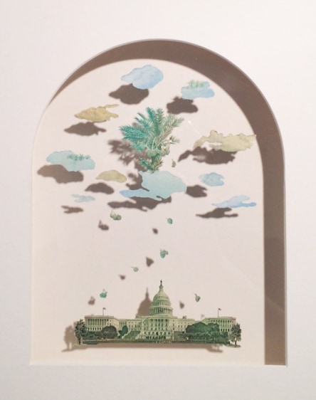 Abdullah M. I. Syed Heavenly Offerings - III (Assembly Series) 2016 Hand-cut 10 and 20 UAE Dirham banknotes and U.S. $10 and $100 bills in shadow-box 10.75 x 12.5