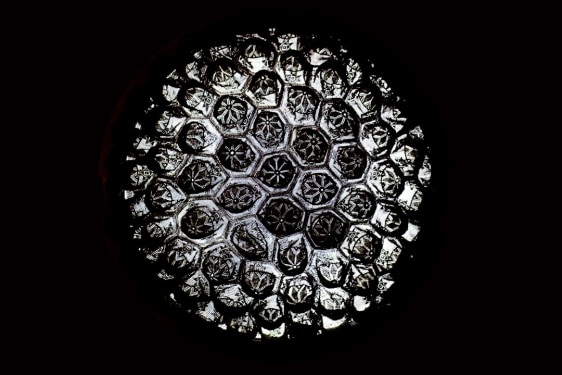 Abdullah M. I. Syed AURA I (Ed. of 2) Hand-stitched black skull-caps, Perspex dome and neon light 42 (Dia.) x 22 in. 2013