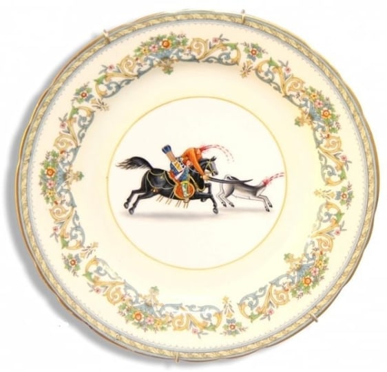 Adeela Suleman AND THEN IT ALL HAPPENED SERIES (PLATE 5) 2014 Found porcelain plate with enamel paint 8 x 8 in.