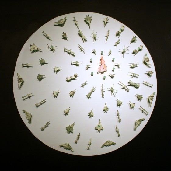 Abdullah M. I. Syed Assembly III: Blitzkrieg Hand-cut and folded uncirculated U.S. $1 bills, 100 Pakistani Rupee and pins 42&quot; (Dia.) 2013