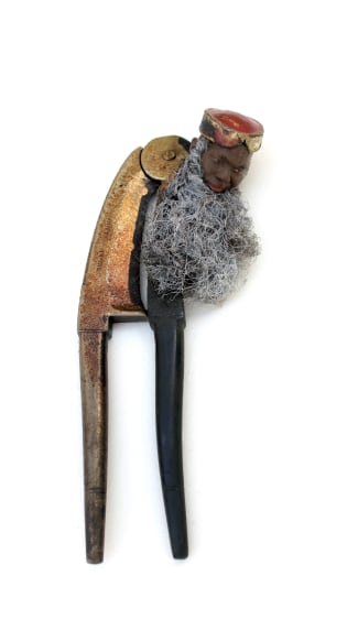 Affan Baghpati Untitled 2, 2023 Assemblage, found objects, vinyl, fabric, embroidery, synthetic hair, beads, brass 6h x 2w x 1d in