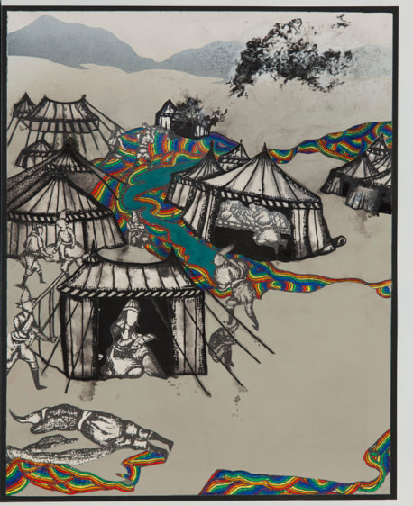 Saad Qureshi EDGE OF TENTATIVENESS 2013 Oil, spraypaint and wax pencil on giclee print 17.5 x 14 in.