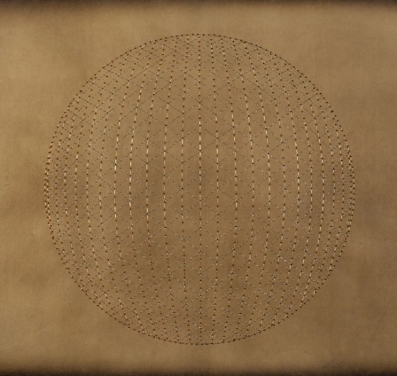 Anila Quayyum Agha Catching The Light - Red 2016 Mixed media on paper (Red, gold and black metallic thread and red and gold beads on brown Korean hand-made paper) 24 x 25 in.