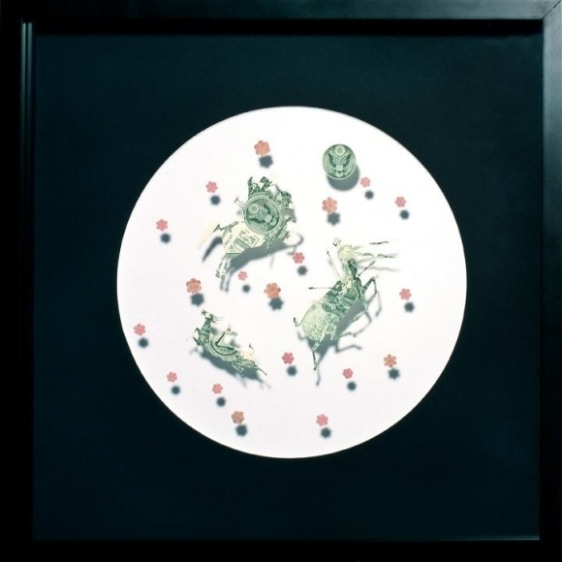 Abdullah M. I. Syed ASSEMBLY II: INNOCENT SPECTACLE FOR MUSK 2013 Hand-cut uncirculated U. S. $1 and $2 bills and 100 Pakistani Rupees 10 &quot; (Dia.); 12 x 12 in. framed