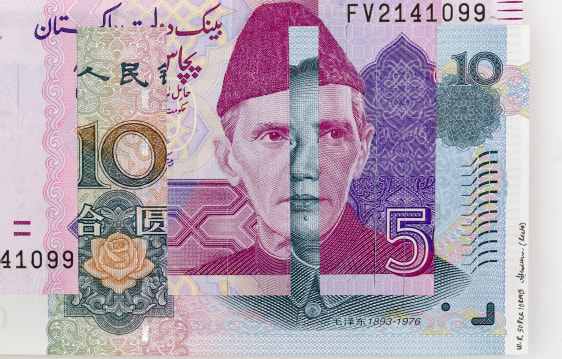 Abdullah M. I. Syed, Weaving Overlapped Realities: 50 Pakistani Rupee and 10 Chinese RMB (Portraits, Recto) (Detail), 2020