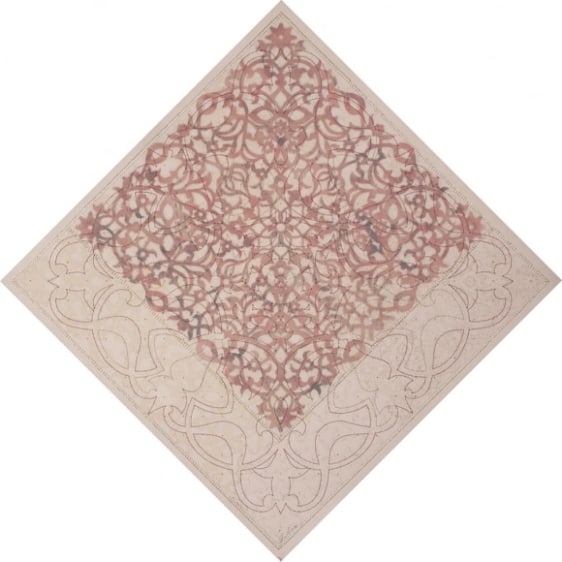 Anila Quayyum Agha I Will Find The Flowers 2016 Mixed media on paper (Laser-cut patterns on paper with mylar, encaustic, embroidery, and pink and silver beads) 29 x 29 in.