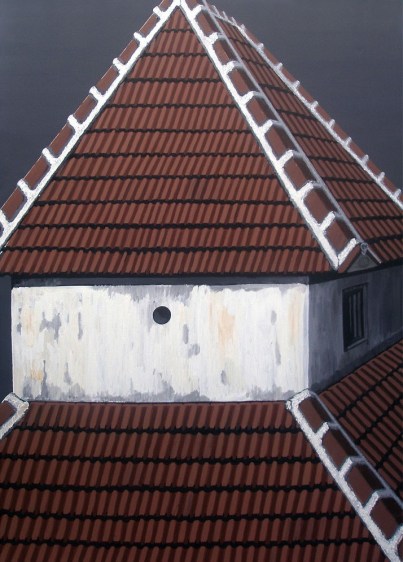 acrylic painting of a white, terracotta roofed house and grey background