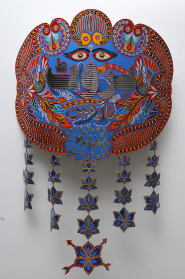 Abdullah M. I. Syed Brut for Men: Lotus (Urdu Version) Hand-beaten and chamak patti (hand stickered ornamentation) metal medallion, wood and stainless steel 59 x 46 in. 2013