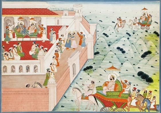 Page from a Manuscript of the Naishadhacharita by Shri Harsha (An Epic Poem from the Mahabharata) Northern India, Punjab Hills c. 1800 - 1825 Opaque watercolor heightened with gold on wasli 10 x 14 in.
