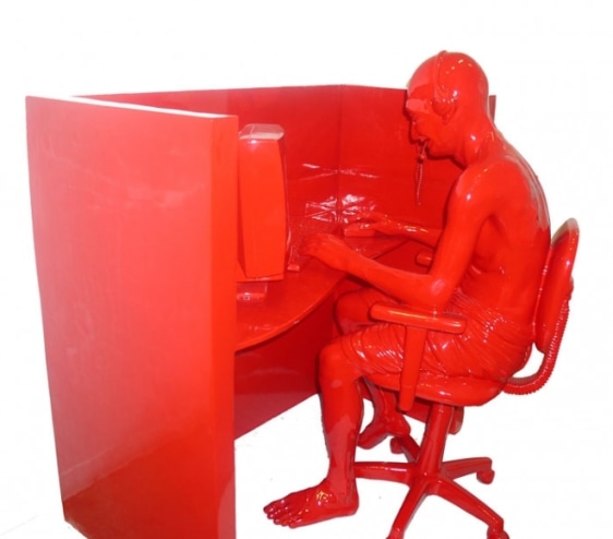 Debanjan Roy INDIA SHINING 9 (GANDHI AT A CALL CENTER) 2009 Fiberglass with acrylic paint 51 x 36 x 47 in. Desk - 24 x 56 x 66 in. Gandhi and chair - 24 x 28 x 50 in. Monitor, keyboard, mouse and phone are separate.