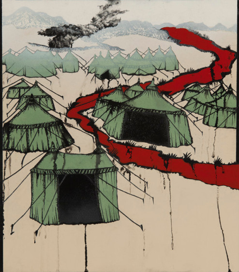 Saad Qureshi RIVER DIES OF THIRST 2013 Oil, spraypaint and wax pencil on paper 17.5 x 15.5 in.