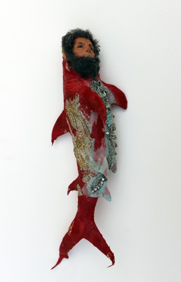Affan Baghpati Untitled 3, 2023 Assemblage, found objects, vinyl, fabric, embroidery, synthetic hair, bead 12h x 4w x 3.50d in