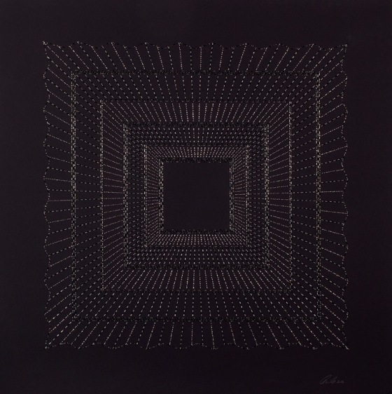 Anila Quayyum Agha Kaaba - Grey 2016 Mixed media on paper (Black and copper beads and embroidery on black paper) 29 x 29 in.