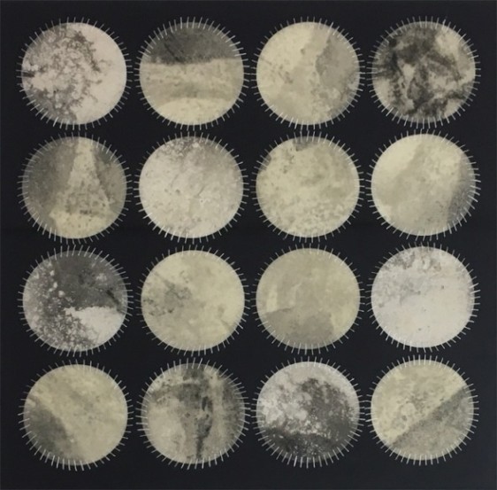 Anila Quayyum Agha Regeneration IX 2012 Mixed media on paper (Encaustic, ink, graphite, charcoal, and embroidery on paper) 22 x 22 in.