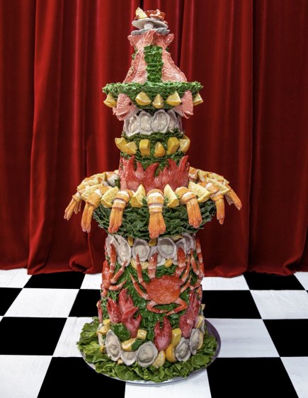 Fishy Fountain Fantasy, 2022  Stoneware, glaze, water pump  52h x 26w x 26d in