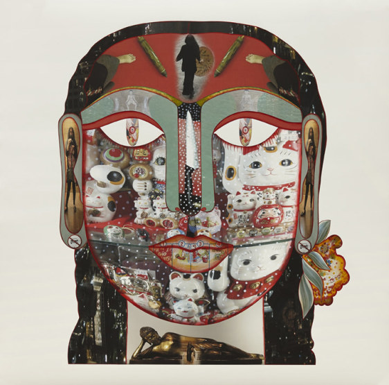 Rekha Rodwittiya Matters Of The Heart (Head I) 2013 Digital inkjet print with autobiographic photo images and hand-painted watercolor on paper 60 x 60 in.