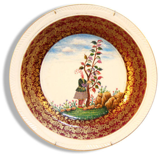 Adeela Suleman AND THEN IT ALL HAPPENED SERIES (PLATE 7) 2014 Found porcelain plate with enamel paint 9 x 9 in.