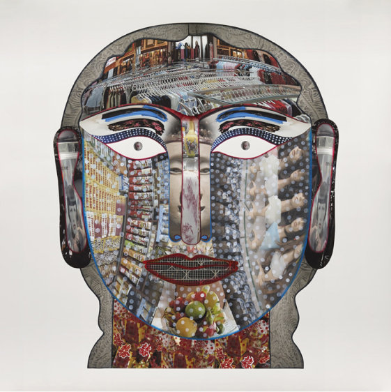 Rekha Rodwittiya Matters Of The Heart (Head IV) 2013 Digital inkjet print with autobiographic photo images and hand-painted watercolor on paper 60 x 60 in.