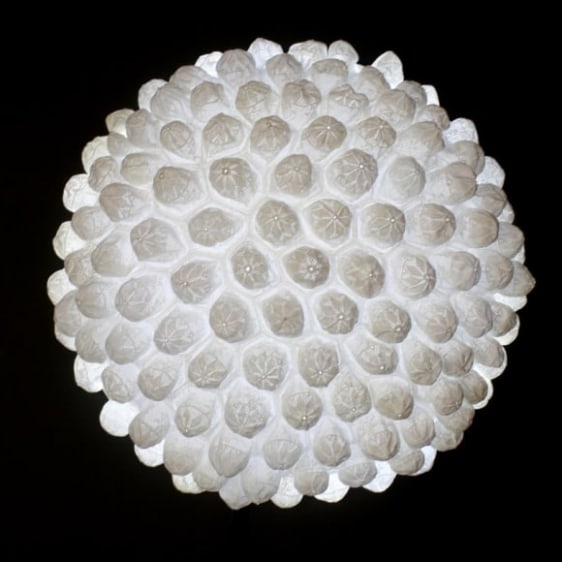 Abdullah M.I. Syed AURA II (Ed. of 3) 2014 Hand-stitched white skull-caps, Perspex dome and neon light 26&quot; (Dia.) x 16 in.