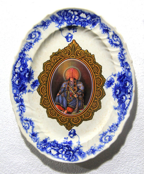 Adeela Suleman AND THEN IT ALL HAPPENED SERIES (PLATE 4) 2014 Found porcelain plate with enamel paint 15.5 x 12.5 in.