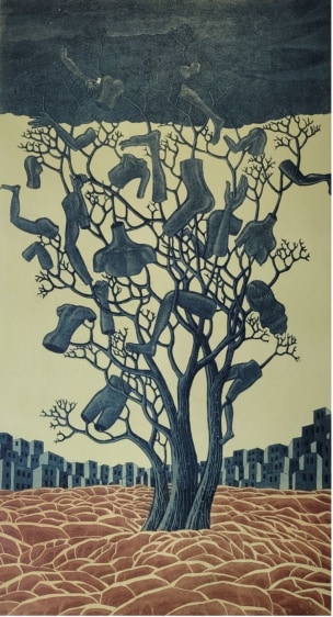 Gigi&nbsp;Scaria  Waq waq tree, 2022  Etching on Somerset paper  36h x 20w in  1 of 20