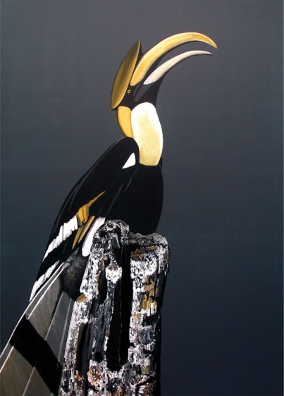 acrylic painting of a toucan bird sitting on a tree truck on a dark gray background