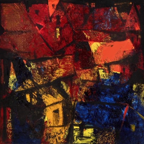 Paresh Maity Urban Symphony I 2016 Oil and acrylic on canvas 42 x 42 in.