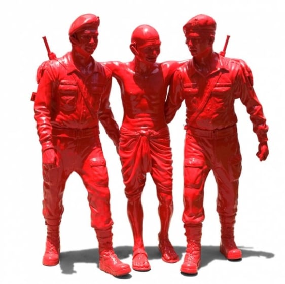 Debanjan Roy INDIA SHINGING 8 (GANDHI SUPPORTED BY TWO) 2009 Fiberglass with acrylic paint Ed. 1/5 24 x 56 x 66 in.