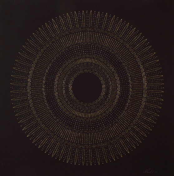Anila Quayyum Agha Circle The Kaaba (Chartreuse) 2016 Mixed media on paper (Black and chartreuse beads and embroidery on black paper) 29 x 29 in.
