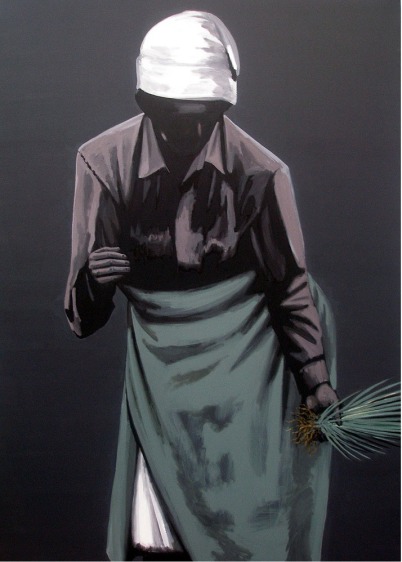 acrylic painting of a black woman holding a plant and wearing a green skirt and brown shirt on a dark gray background