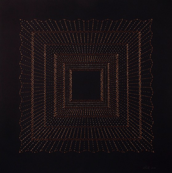 Anila Quayyum Agha Kaaba - Copper 2016 Mixed media on paper (Black and copper beads and embroidery on black paper) 29 x 29 in.