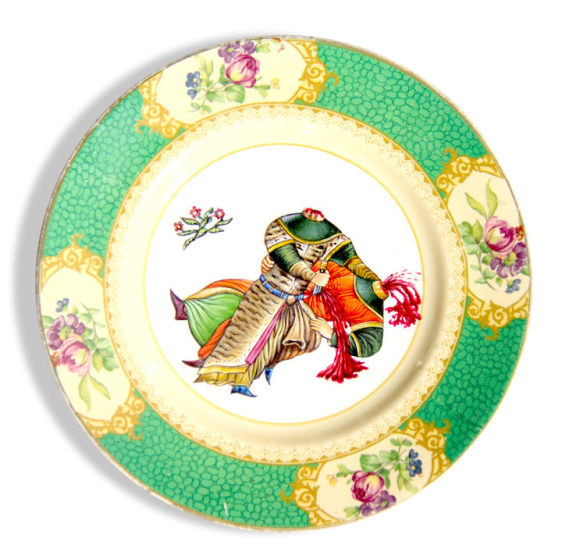 Adeela Suleman AND THEN IT ALL HAPPENED SERIES (PLATE 2) 2014 Found porcelain plate with enamel paint 7 x 7 in.