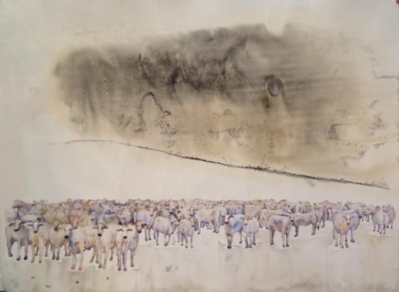 G.R. Iranna UNTITLED (AFRICAN COWS) 2014 Watercolor on paper 42 x 56 in.