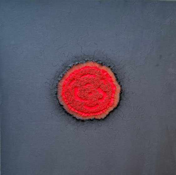 Growing Within I, 2025, ply, fabric, synthetic thread, cotton thread, glue, ink, acrylic color