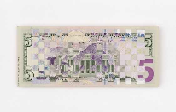 paper weaving using a US five dollar bill and a Chinese five RMB bill